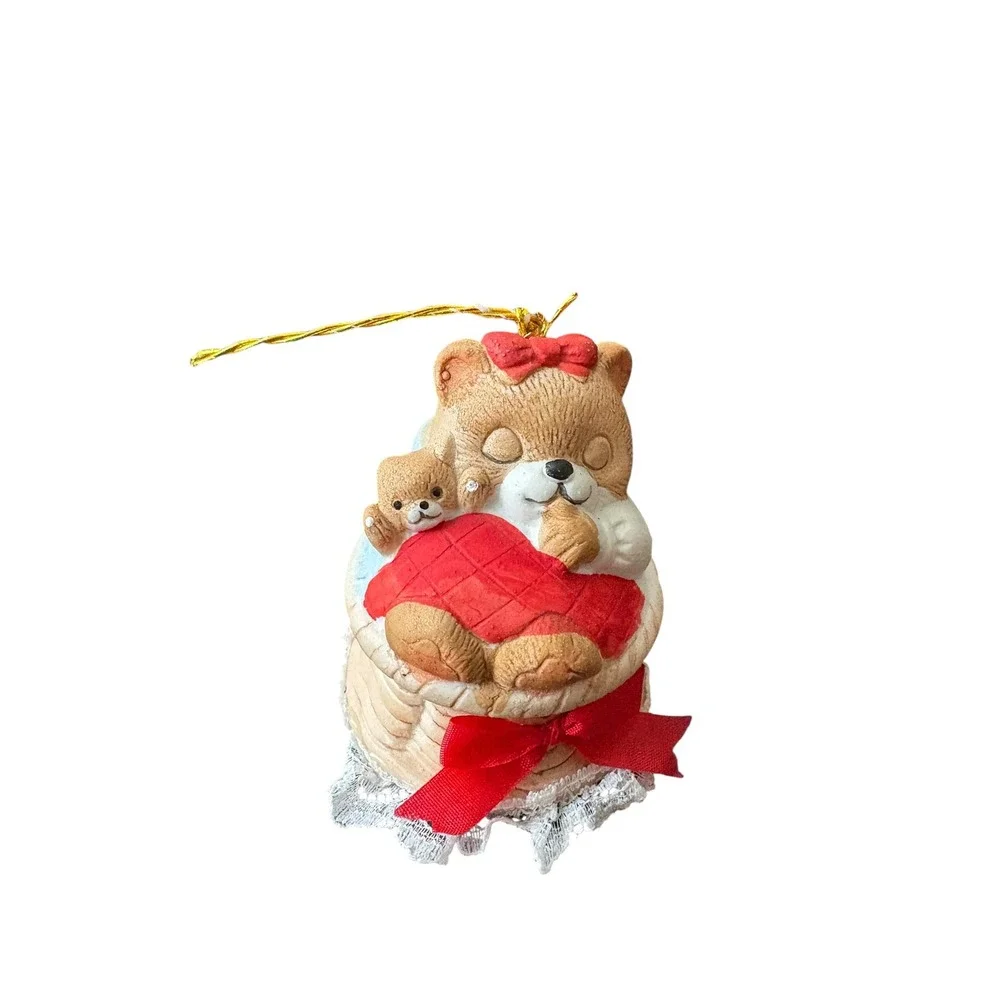 Vintage JASCO Taiwan Bear‎ Bell Christmas Ornament Mama Baby Bear Basket Lace 3